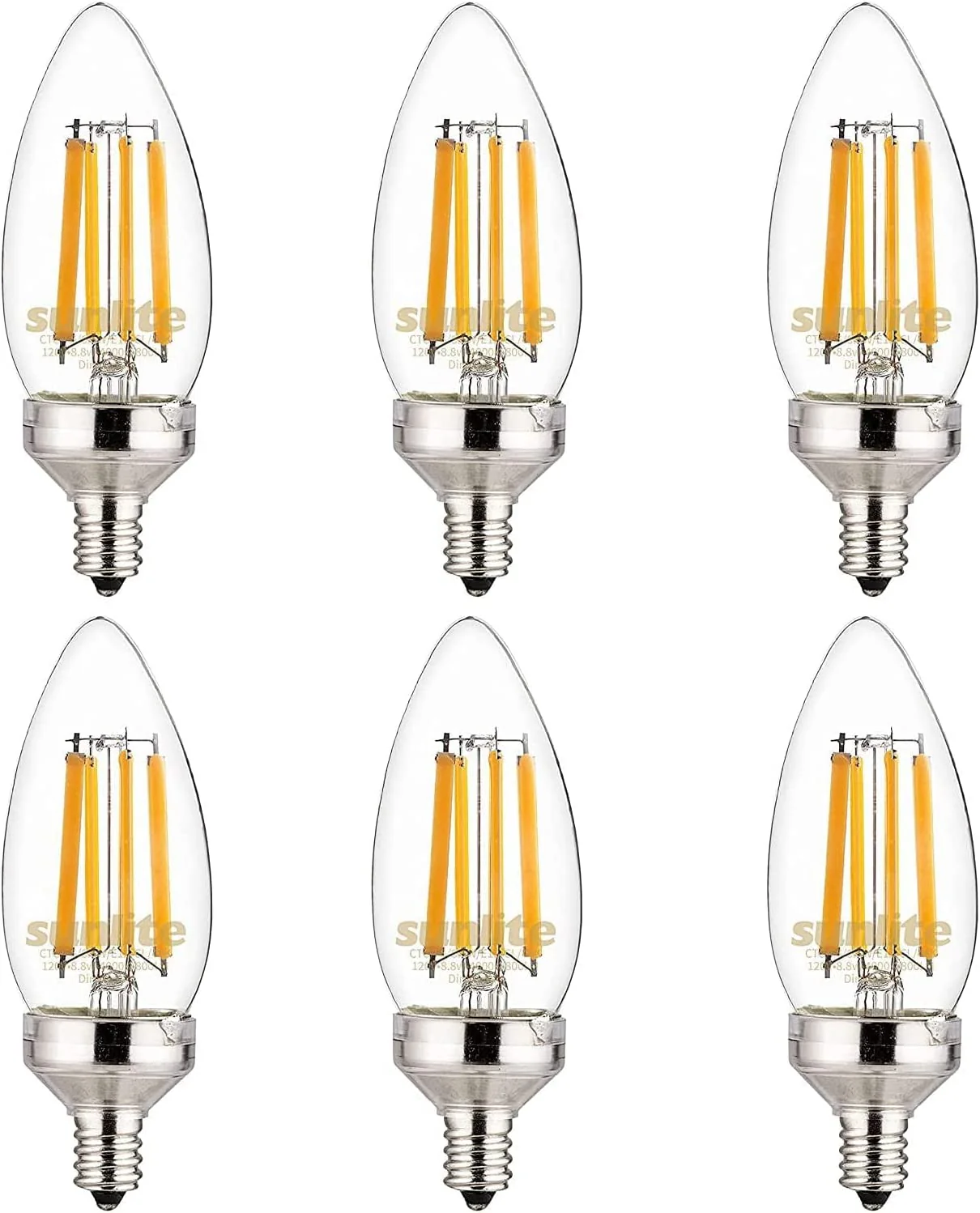Sunlite 81338 LED Edison B11 Torpedo Tip Chandelier Light Bulb, 8.8 Watts (75 W Equivalent), 800 Lumens, Candelabra E12 Base, Dimmable,  UL Listed, Title 20 Compliant, 90 CRI, 5000K Super White, 6 Pack - Cheap-Us