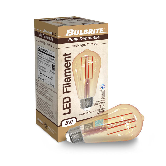 BULBRITE LED ST18 MEDIUM SCREW (E26) 5W DIMMABLE FILAMENT LIGHT BULB 2200K/AMBER 40W INCANDESCENT EQUIVALENT 2PK (776801) - Cheap-Us