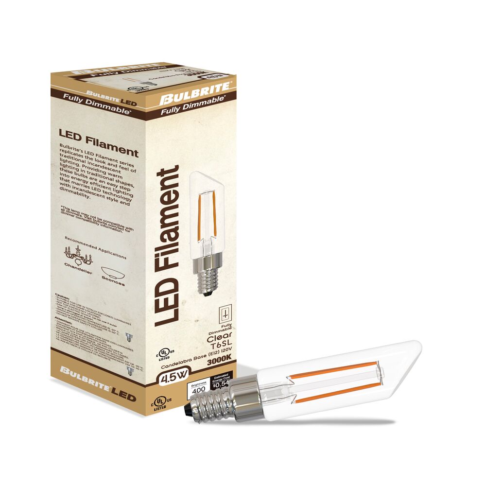 Bulbrite LED Filament Pack of (4) 4.5 Watt Dimmable T6SL Light Bulbs with a Clear Finish and Candelabra (E12) Base - 3000K (Soft White Light), 400 Lumens - Cheap-Us