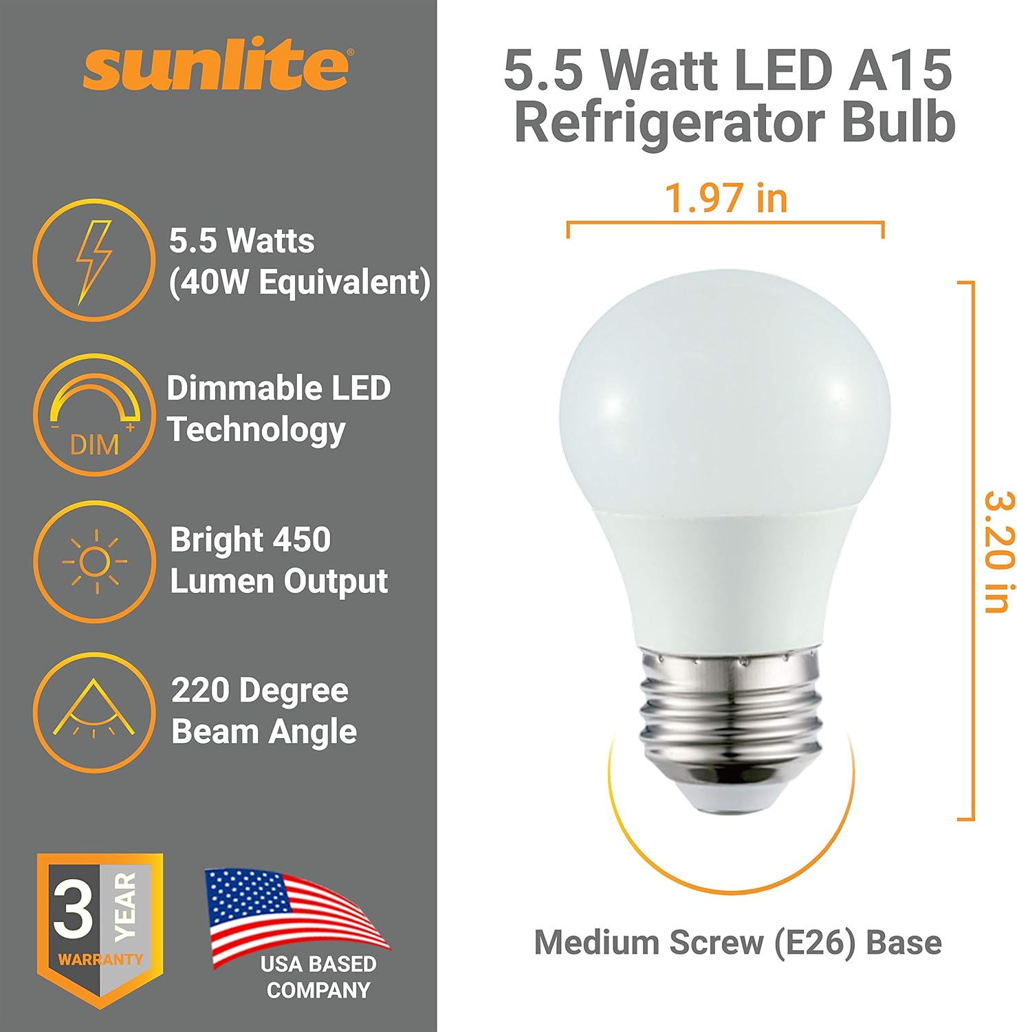 Sunlite 41564-SU LED A15 Refrigerator Light Bulb, 5.5 Watts (40W Equivalent), 450 Lumens, Medium Base (E26), Dimmable, Frosted Finish, UL Listed, Energy Star, 27K - Warm White, 6 Pack - Cheap-Us
