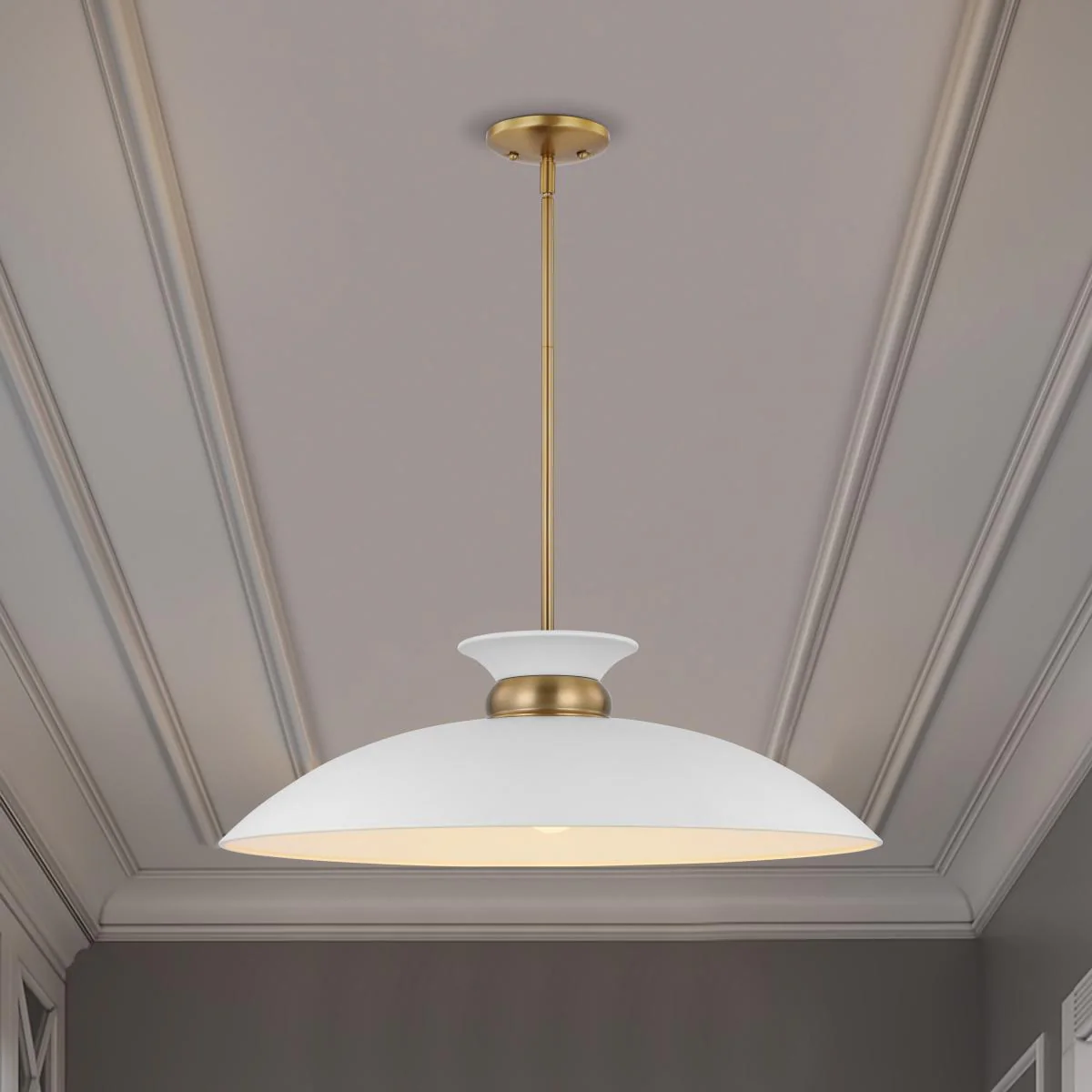 60-7465 PERKINS 1 LT LARGE PENDANT Perkins; 1 Light; Large Pendant; Matte White with Burnished Brass - Cheap-Us