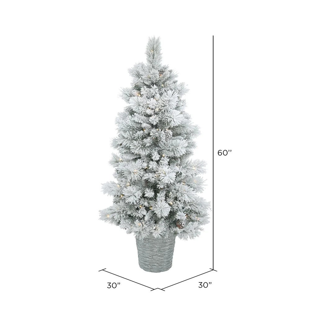 Vickerman 5' Potted Flocked Ashton Pine Artificial Christmas Tree Warm White Lights - Cheap-Us