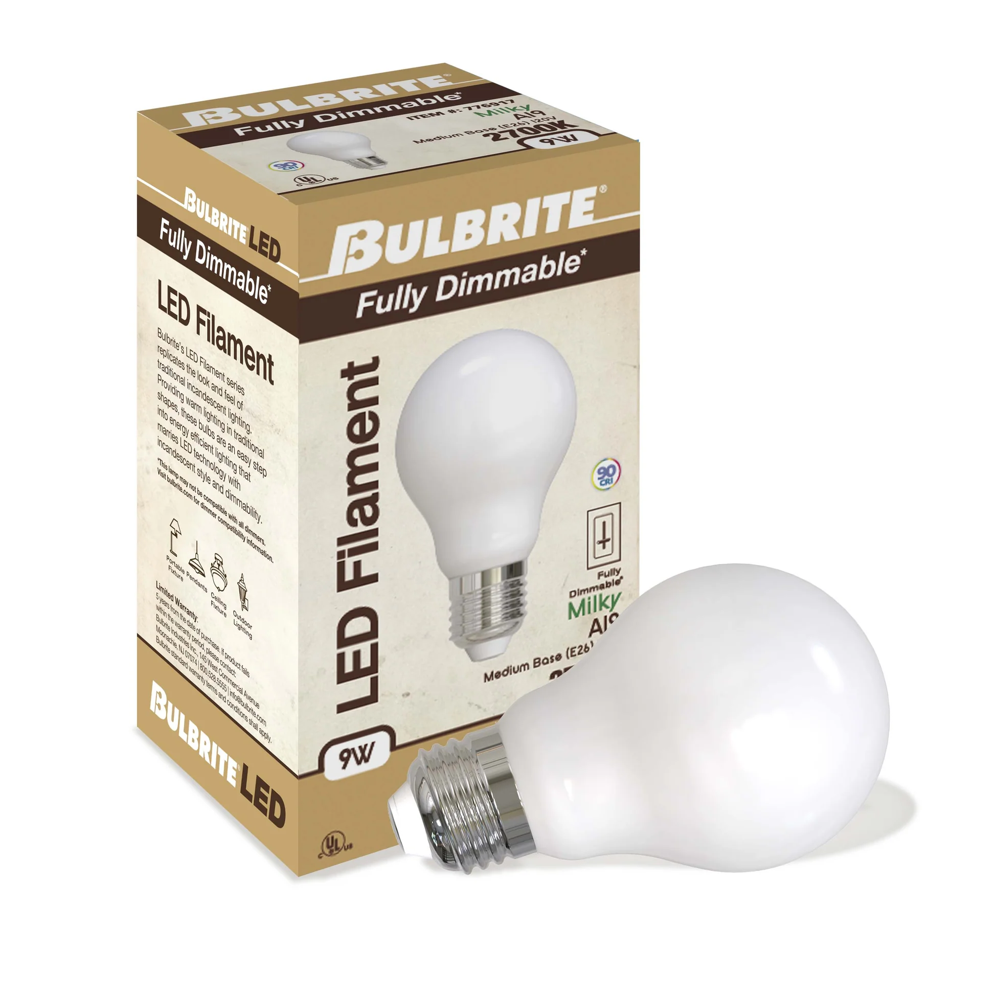 BULBRITE 9W LED A19 2700K FILAMENT MILKY E26 FULLY COMPATIBLE DIMMING-4PK - Cheap-Us