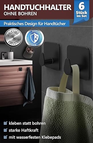 4smile Handtuchhalter ohne Bohren - 6 Stück schwarze Handtuchhaken Bad Edelstahl rostfrei als praktische Klebehaken - Hochwertige Haken selbstklebend, Wandhaken, klassisches Design - Cheap-Us
