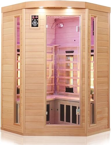 Dewello Infrarotkabine LAKEFIELD 3 120x120 DUAL-THERM für 1-2 Personen aus Hemlock Holz mit Vollspektrumstrahler - Cheap-Us