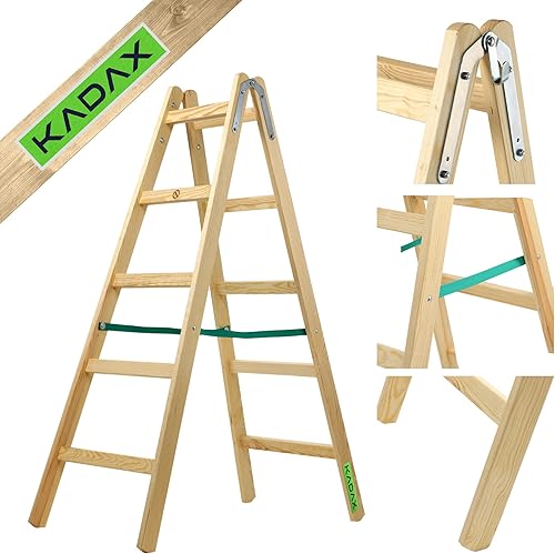 KADAX Holzleiter, Bockleiter bis 150 kg, klappbare Malerleiter, Doppelstufenleiter mit Stahlhaken, Elektrikerleiter, Stehleiter, Haushaltsleiter (4 Stufen) - Cheap-Us