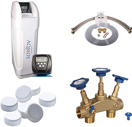 Aqmos CM-60 Wasserenthärtungsanlage im Set mit Montageblock und 100kg Regeneriersalztabletten | Wasserenthärter für Haushalte bis zu 5 Personen | Entkalkungsanlage, Antikalkanlage für weiches Wasser - Cheap-Us