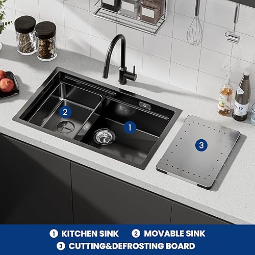 CECIPA Spülbecken Edelstahl mit Armatur 70 x 44 cm 1 Becken Einbauspüle mit siphon für ab 80 cm Küchenschrank + Spültischarmatur Wasserhahn Einhebel-Anthrazit - Cheap-Us