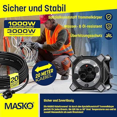 MASKO® Kabeltrommel 40m | Verlängerungskabel mit Schutzkontaktsteckdosen & Wickelgriff | Outdoor Kabelaufroller Thermoschutz | Gerätetrommel IP44 1000W ~ 3000W | inkl. Tragegriff und Montagehandschuhe - Cheap-Us