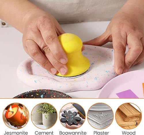 BOOWAN NICOLE Nass-Trockene Hand Schleifklotz für Jesmonite Beton Terrazzo, Runde Haken und Schleife Schleifmaschine mit 100/400/1000 Grit Sandpapiere für Handwerk Polieren (A0167+A0337+A0338+A0339) - Cheap-Us