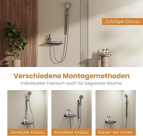 EMKE Duschset mit Thermostat, Duschstange mit Brause mit 40cm Thermostatische Platte, Design Duschstange, 3 Strahlarten Handbrause, Duschset mit Armatur, Anthrazit Matt - Cheap-Us