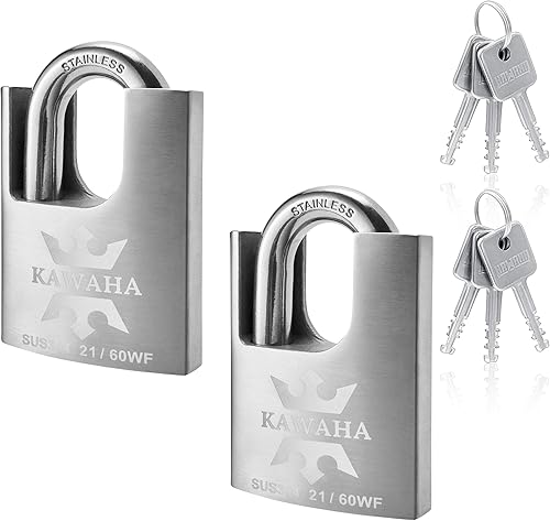 KAWAHA 21/60-2PS Hochsicherheits-Vorhängeschloss aus Edelstahl mit Edelstahlschlüssel für den Innen- und Außenbereich (robust, rostfrei) (60 mm, gleichschließend, 2 Stück) - Cheap-Us