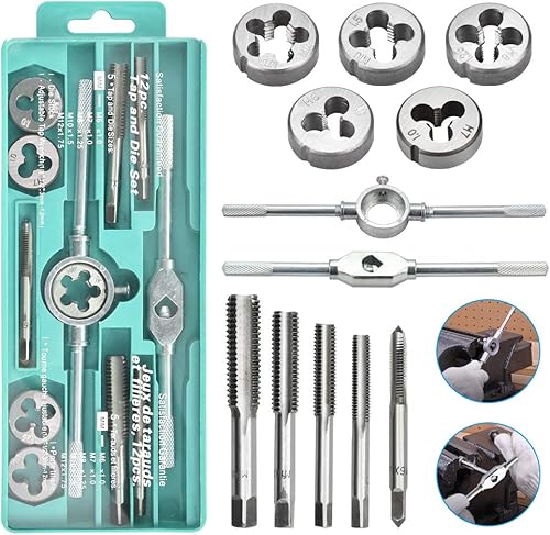 BUZIFU 12 Teilig Gewindeschneidsatz Metrisch Profi Gewindeschneider Gewindebohrer Set mit Schraubenschlüssel Schneideisen Kohlenstoffstahl Handgewindebohrer für Innengewinde Außengewinde - Cheap-Us