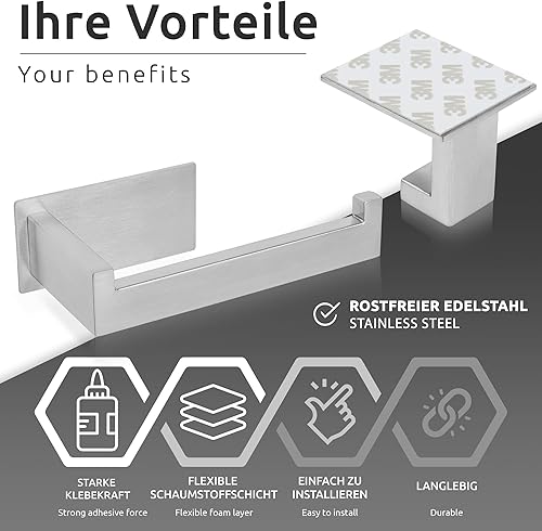 ECENCE 1x Toilettenpapierhalter + 2X Handtuchhaken ohne Bohren, Badezimmerset selbstklebend Chrom Badezimmeraccessoires - aus rostfreiem Edelstahl 304, Handtuchhalter + Klorollenhalter - Cheap-Us