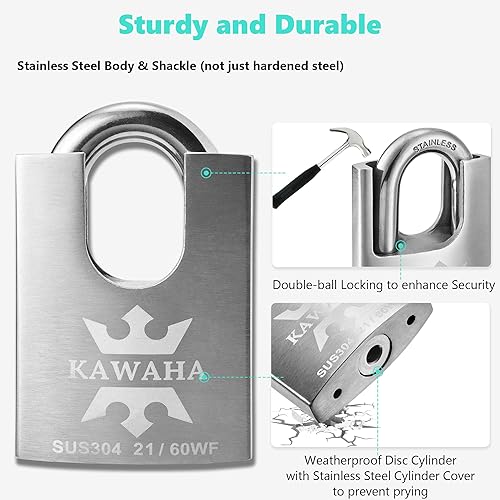 KAWAHA 21/60-2PS Hochsicherheits-Vorhängeschloss aus Edelstahl mit Edelstahlschlüssel für den Innen- und Außenbereich (robust, rostfrei) (60 mm, gleichschließend, 2 Stück) - Cheap-Us
