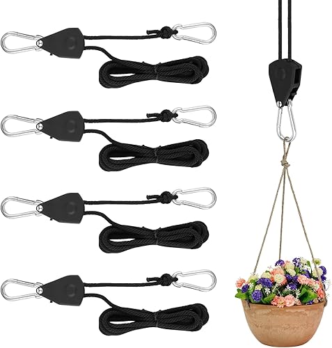 VMUTGA 4 Stück Ratchet Hanger, Einstellbare Seil Seilhaken Ratsche Seilratsche 2M, Duty Heavy Rope Seilratsche mit Haken, Tragkraft 68kg, für Pflanzen, Ventilator, Licht, Zimmerpflanzen(Schwarz) - Cheap-Us
