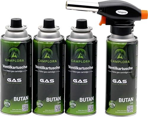 CAMPLORA Lötbrenner mit 4 MFS-1a Bajonett Gaskartuschen 227g mit Piezo-Zündung Lötlampe Bunsenbrenner Brenneraufsatz Flambierbrenner - Cheap-Us