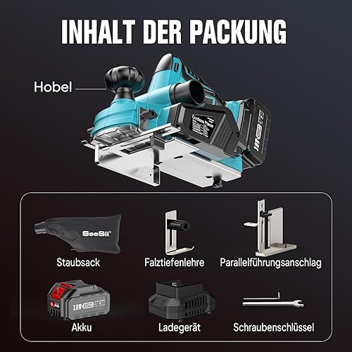 Seesii Kabelloser Elektrohobel mit 5,0 Ah Batterie, Einstellbare Tiefe von 1/8 Zoll, Bürstenloser Motor – Leistungsstarker Elektrischer Akku-Hobel für Holz - Cheap-Us