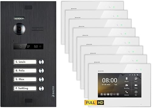 Balter EVO HD Schwarz/Weiß Video Türsprechanlage Set für 4 Familienhaus (1x Türstation mit Full HD-Kamera, 8X Touchscreen 7 Zoll Monitor, 2-Draht Bus, 175° Weitwinkel, Türöffner) - Cheap-Us