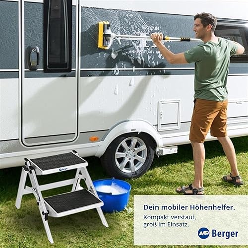 BERGER Trittleiter 2 Stufen klappbar | zusammenklappbar mit Rutschfester Gummimatte | Trittstufe Wohnwagen Tritt 2 Stufen | klappbarer Tritthocker - bis 150 kg belastbar (Legierter Stahl) - Cheap-Us