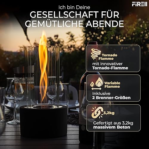 Firell Bioethanol Tischkamin aus massivem Beton - Ethanol Tischfeuer Indoor & Outdoor | Feuersäule wärmend mit über 2h Brenndauer | Sicheres Tisch Kamin Feuer für Wohnzimmer Terrasse Garten Balkon - Cheap-Us