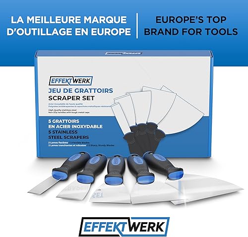 EFFEKTWERK Profi Spachtel Set - 5tlg Spachtel aus rostfreiem Edelstahl - 2x stabil zum Tapeten entfernen mit Anschliff & Metallplatte - 3x flexible Malerspachtel - Maler Werkzeug Spachtelset - Cheap-Us