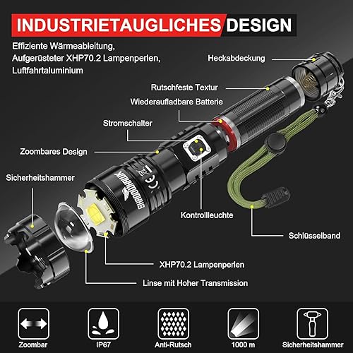 Shadowhawk LED Taschenlampe Aufladbar, Extrem Hell 500000 Lumen Taschenlampen Batteriebetrieben USB, XHP70.2 Taktische Taschenlampe, IP67 Wasserdicht 5 Lichtmodi Zoombar für Camping Wandern Notfälle - Cheap-Us