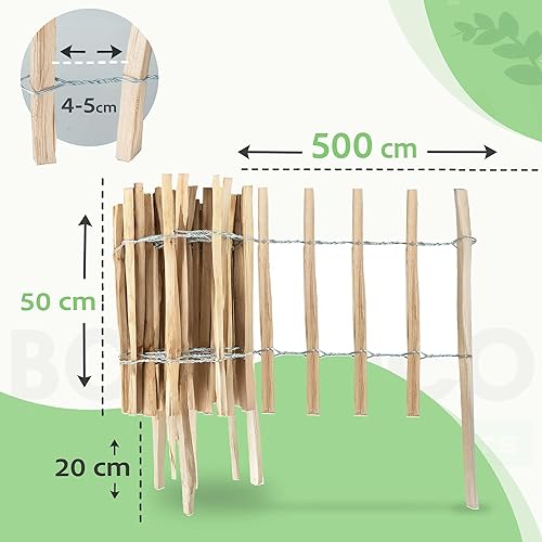 BOGATECO Haselnuss Roll-Steckzaun aus Holz | Gartenzaun 60cm Hoch & 500cm Lang | Holz-Zaun | Lattenabstand 7-8cm | Staketenzaun Perfekt als Beet-Umrandung oder Weg-Abgrenzung Zaun Garten Hundezaun - Cheap-Us