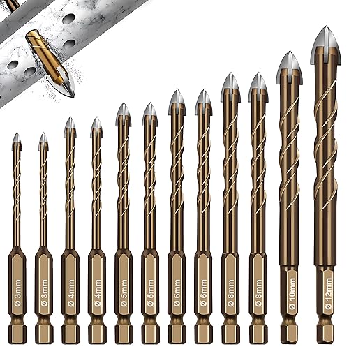 Fliesenbohrer Set 12 tlg, Glasbohrer Set Ø 3-12 mm, Universalbohrer Keramikbohrer mit Sechskantschaft, für Metall Ziegel Glas Kunststoff Holz - Cheap-Us