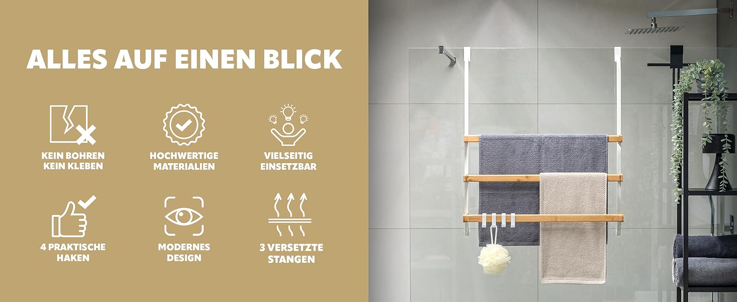 kein Bohren, kein Kleben, 4 praktische Haken, modernes Design, 3 versetzte Stangen, vielseitig