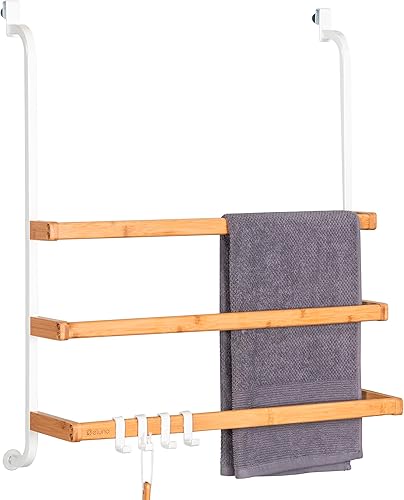 eluno Handtuchhalter für die Glasduschwand aus Metall und Bambus, Handtuchhalter mit 3 Handtuchstangen, 4 praktischen Haken, zum Einhängen ohne Bohren (Weiß) - Cheap-Us