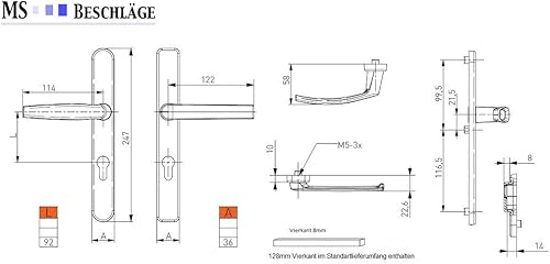 Schmalrahmengarnitur Schutzbeschlag Aluminium Schildgarnitur Wechselgarnitur 8 / 92mm (Bügel/Drücker, Weiß - RAL 9016) - Cheap-Us
