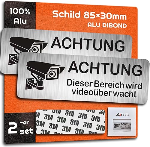 AIFIZO Schild Videoüberwachung 2 Stück 85mm×30mm mit 3M Tape, Gebürsteter Aluminium Achtung Videoüberwachung Schild, Achtung Privatgrundstück, Selbstklebend & Aluminium, Videoüberwachung Schild - Cheap-Us