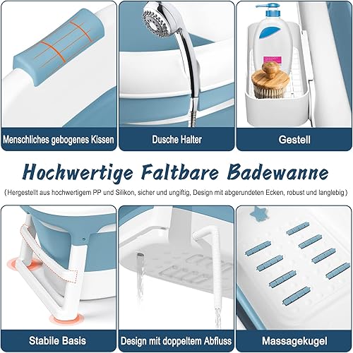 HENGMEI Faltbare Badewanne Erwachsene XXL Mobile Tragbare Badewanne Mit Abdeckung Massagerollen und Badewannenablage, Blau (148 x 62 x 53 cm) - Cheap-Us