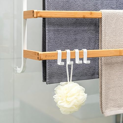 eluno Handtuchhalter für die Glasduschwand aus Metall und Bambus, Handtuchhalter mit 3 Handtuchstangen, 4 praktischen Haken, zum Einhängen ohne Bohren (Weiß) - Cheap-Us