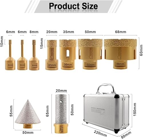 SHDIATOOL Diamantbohrer M14 Gewinde 6/8/10/25/40/50/68/110/50mm Diamant-Fasenbohrer/20mm Fingerbohrer/Dreikantschaft-Adapter vakuumgelötet für Porzellan Fliesen Keramik Granit Marmor - Cheap-Us