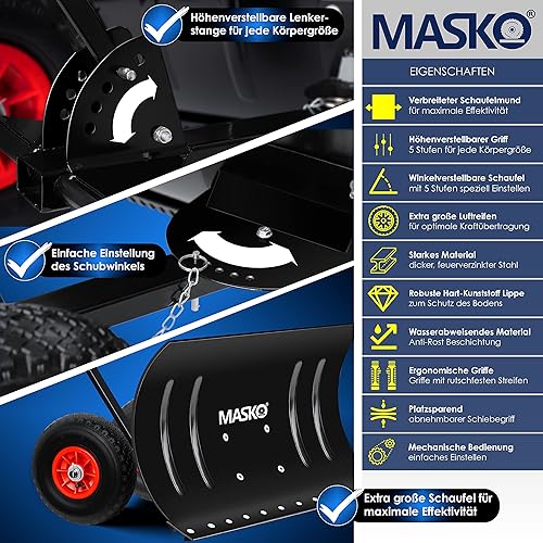MASKO® Schneeschaufel auf Rädern höhenverstellbar - 5-Fach Schneeräumen, rückenschonender Schneeschieber, Schneeschild 75 cm Arbeitsbreite-Höhe 42 cm, platzsparend zusammenklappbar - Cheap-Us