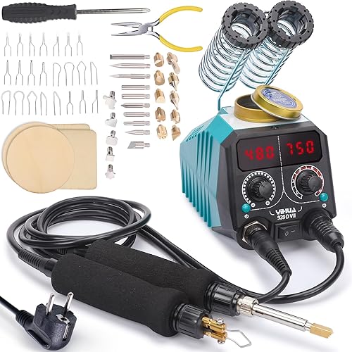 YIHUA 939D-VII brandmalerei-Werkzeug Holzbrennstift-Set Station 2-in-1 Solid-Point 200-480°C (mit Temperaturanzeige)/Drahtspitze 250-750°C mit 23 Spitzen, 25 Solid Points, 4 Holzstücken - Cheap-Us