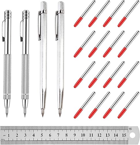 Pilikoll 4 Stück Wolframcarbid Stift mit 16 Ersatz Red Hat Markierspitzen,Stahllineal Anreißnadel Hartmetall mit Magnet Anreißnadel Hartmetall Reißnadel Diamant für Glas, Jade, Kacheln, Spiegel - Cheap-Us