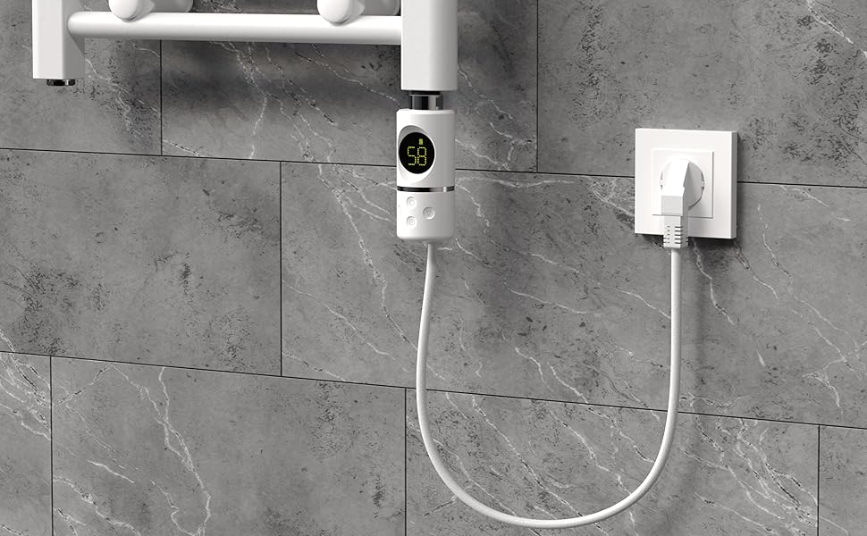 ECD Germany Heizstab für Badheizkörper Weiss 300W Heizpatrone Thermostat Heizelement Elektroheizstab