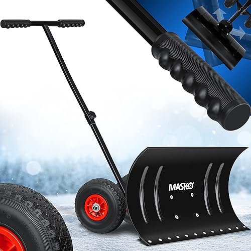 MASKO® Schneeschaufel auf Rädern höhenverstellbar - 5-Fach Schneeräumen, rückenschonender Schneeschieber, Schneeschild 75 cm Arbeitsbreite-Höhe 42 cm, platzsparend zusammenklappbar - Cheap-Us
