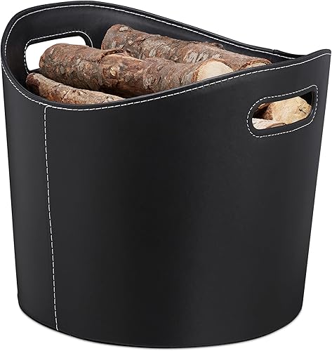 Relaxdays, schwarz Kaminholzkorb Kunstleder XL, stabiler Feuerholzkorb mit Tragegriffen, für Brennholz & Zeitungen, oval, 80% Pappe - Cheap-Us