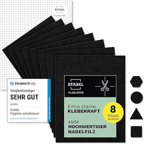 STARKL® [4mm] Filzgleiter selbstklebend zum Zuschneiden I 8 Stück 16 x 20cm I Filzgleiter für Stühle I Filz selbstklebend I Möbelgleiter aus hochwertigem Nadelfilz I Stuhlgleiter Klebefilz (Grau) - Cheap-Us