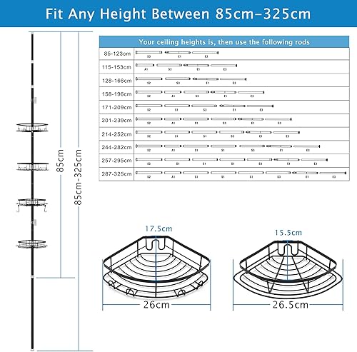 DAMAI Teleskop Duschregal ohne Bohren Duschablage Ecke Edelstahl Eckregal Bad Badregal Höhenverstellbar mit 4 Körben für Badewanne und Badezimmer Rostfrei 85-325CM Grau - Cheap-Us