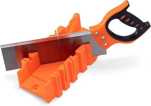 Navaris Gehrungslade und Handsäge - Set aus Kunststoff Schneidlade und Stahl Säge - Lade zum Schneiden von Holz Leisten 90° 45° 22,5°- Orange - Cheap-Us