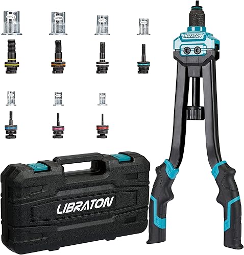 Libraton Nietmutternzange, 16' Nietzange Set, Doppelgriff Nietmutter Zange Werkzeug inkl. 70 Nietmuttern, 7 Austauschbare Nietdorne und Tragetasche - Cheap-Us