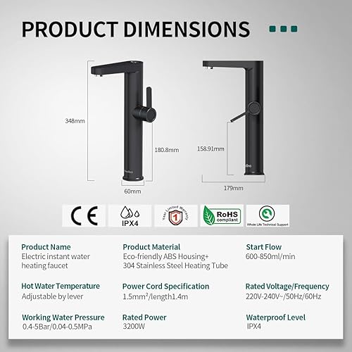 Briwellna Instant Hot Water Tap for Bathroom, Tankless Electric Water Heater Tap, Electric Tap with Digital Display Fast Heating Water Sink Tap(Black) - Cheap-Us