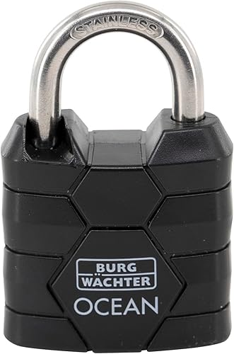 BURG-WÄCHTER Vorhängeschloss, Vorhangschloss mit 2 Schlüsseln, 6,3 mm Bügelstärke, Seewasserfest, Massiver Messingkörper, Doppelt Verriegelt, Ocean 490 Ni HB 40 65 SB, Schwarz - Cheap-Us