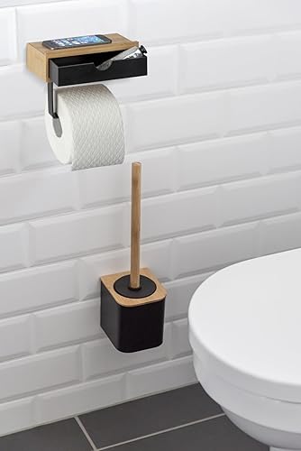 WENKO Toilettenpapierhalter Mod. Bambusa mit Ablage aus Bambus und Schublade, inkl. Befestigungsmaterial, Natur/Schwarz - Cheap-Us
