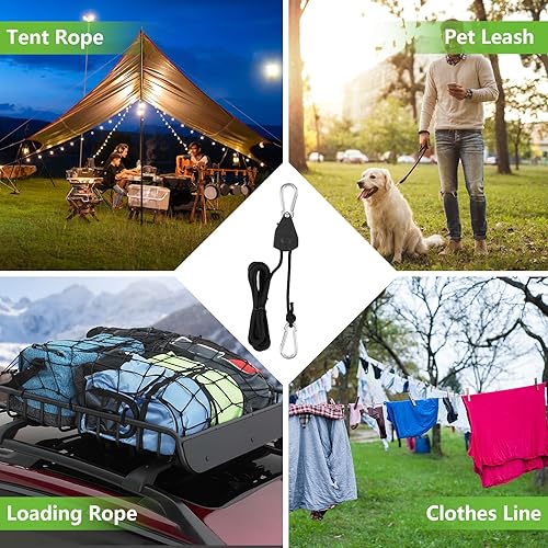 VMUTGA 4 Stück Ratchet Hanger, Einstellbare Seil Seilhaken Ratsche Seilratsche 2M, Duty Heavy Rope Seilratsche mit Haken, Tragkraft 68kg, für Pflanzen, Ventilator, Licht, Zimmerpflanzen(Schwarz) - Cheap-Us